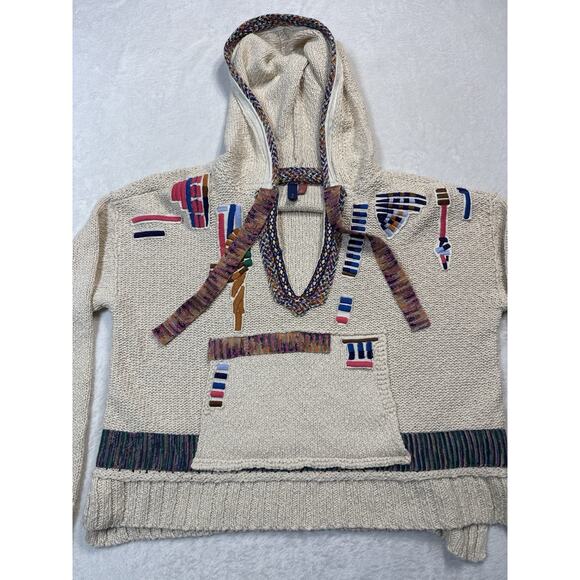 Pilcro Embroidered Knit Hoodie Aztec Boho Artisan Cream Multicolor Trim SZ S - Picture 1 of 12